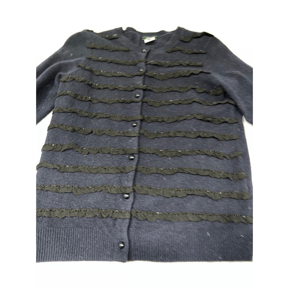 J.Crew Navy Wool Cashmere Ruffle Beaded Cardigan Sweater RN77388 Small